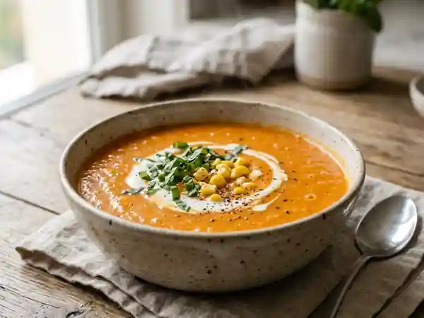 Velouté onctueux maïs et tomate au basilic - Photo de présentation