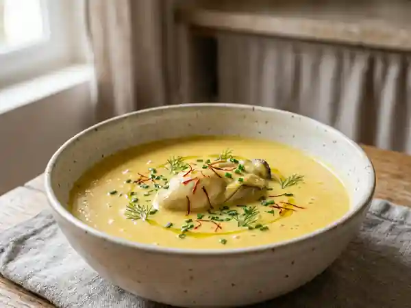 Velouté iodé aux huîtres, poireaux et safran - Photo de présentation