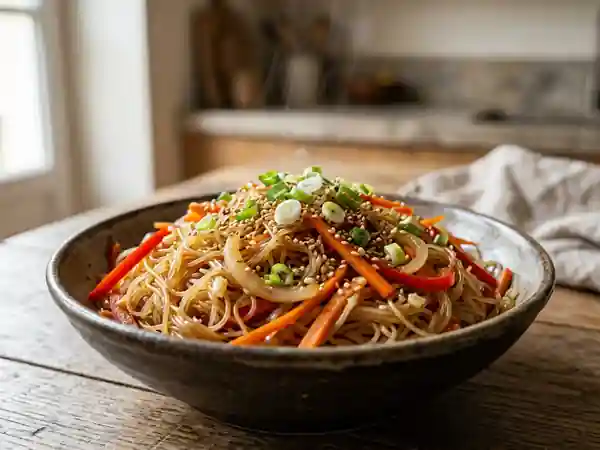 Vermicelles de riz sautés au sésame et légumes - Photo de présentation