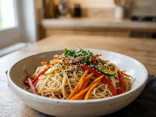 Wok de vermicelles de riz aux légumes croquants - Photo de présentation
