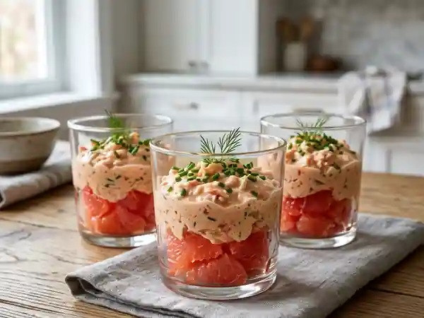 Verrines fraîches de pamplemousse au crabe et sauce cocktail maison - Photo de présentation