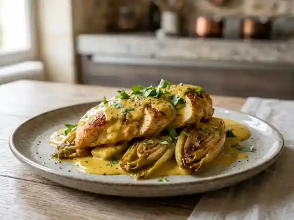 Poulet crémeux au curry et endives braisées - Photo de présentation