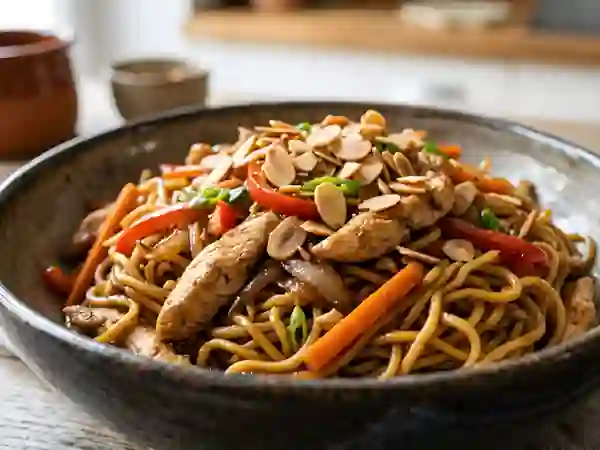 Wok de nouilles au poulet et amandes craquantes - Photo de présentation