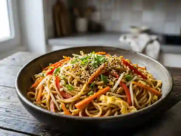 Wok de nouilles au sésame et légumes croquants - Photo de présentation