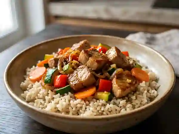 Wok de porc caramélisé et riz brun - Photo de présentation