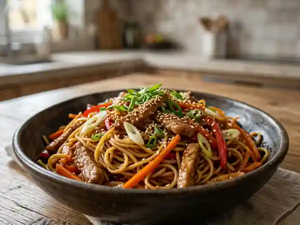Wok de porc caramélisé et nouilles croquantes - Photo de présentation