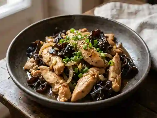 Wok de poulet tendre aux champignons noirs - Photo de présentation