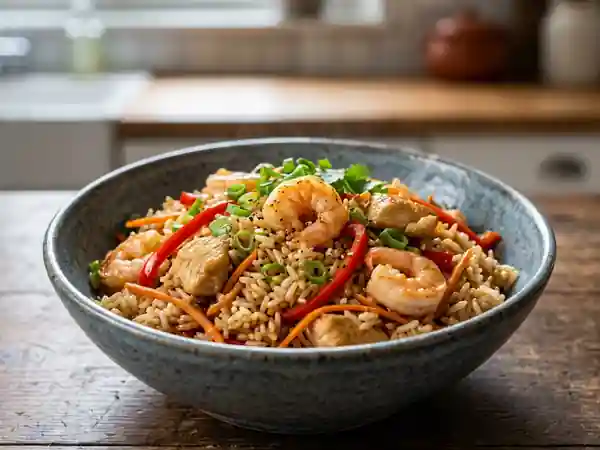 Wok de riz sauté poulet et crevettes - Photo de présentation