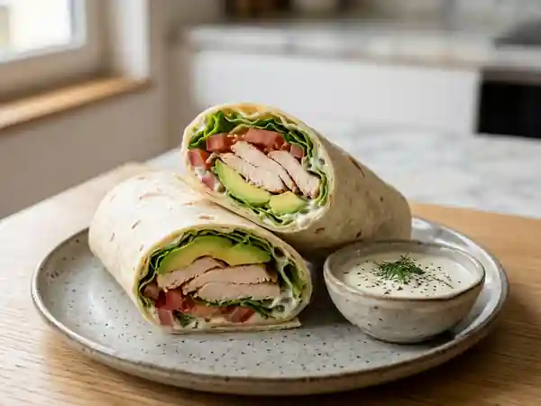 Wrap frais au poulet et avocat avec sauce yaourt légère - Photo de présentation