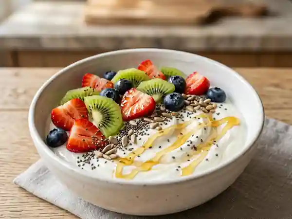 Yaourt nature aux fruits frais et graines : dessert frais et sain - Photo de présentation