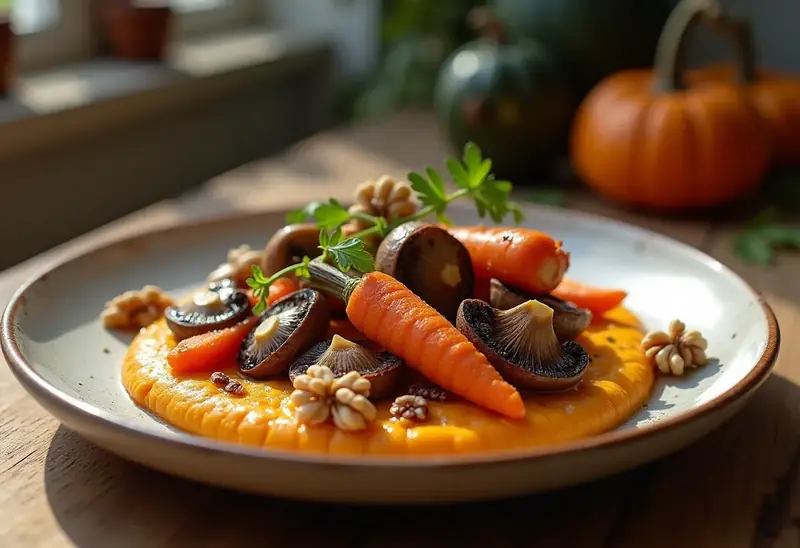 Assiette gourmande aux saveurs d'automne : légumes rôtis, purée de potimarron et noix croquantes