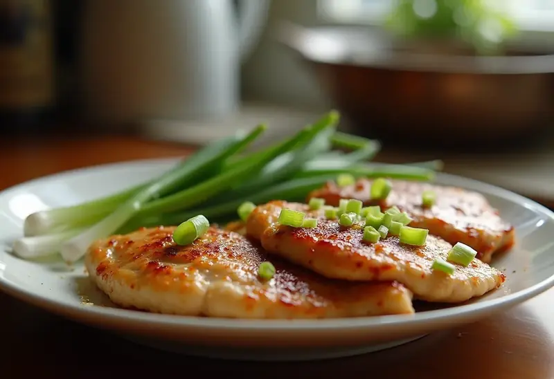 Blancs de poulet sautés aux oignons nouveaux fondants