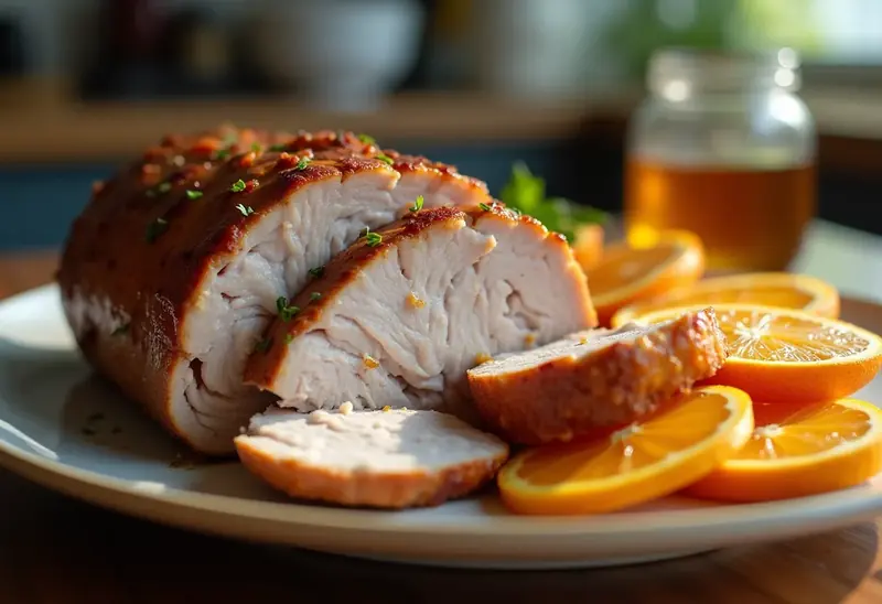 Carré de porc rôti à l'orange, sauce gourmande