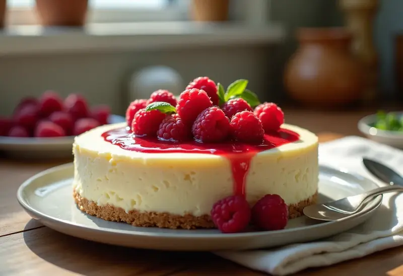 Cheesecake onctueux au coulis de framboises maison