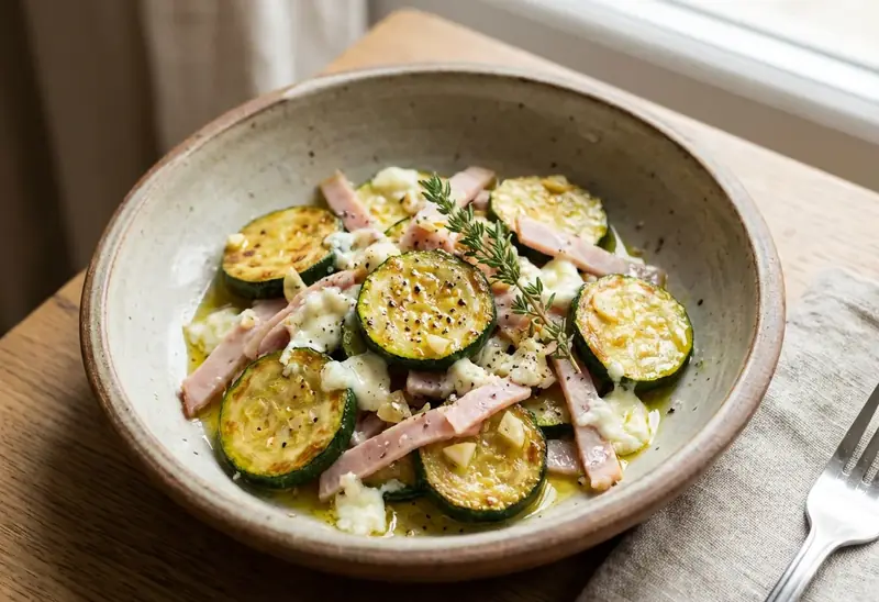 Courgettes sautées au jambon et chèvre : recette savoureuse et rapide