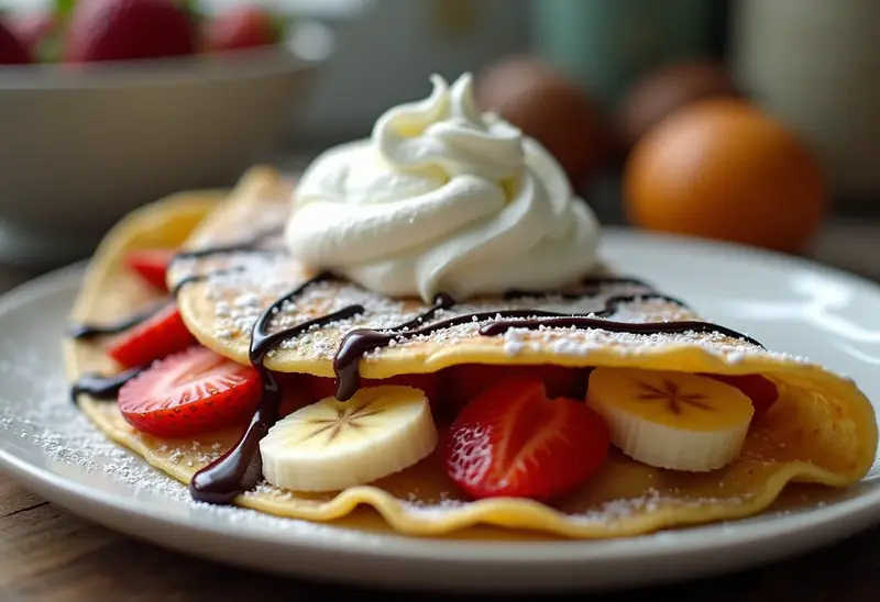 Délicieuses crêpes gourmandes chocobanane-fraise avec chantilly maison