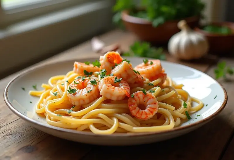 Délicieuses Crevettes à la Crème avec Fettucine Fraîches