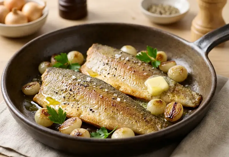 Filets de truite aux petits oignons fondants : recette simple et savoureuse