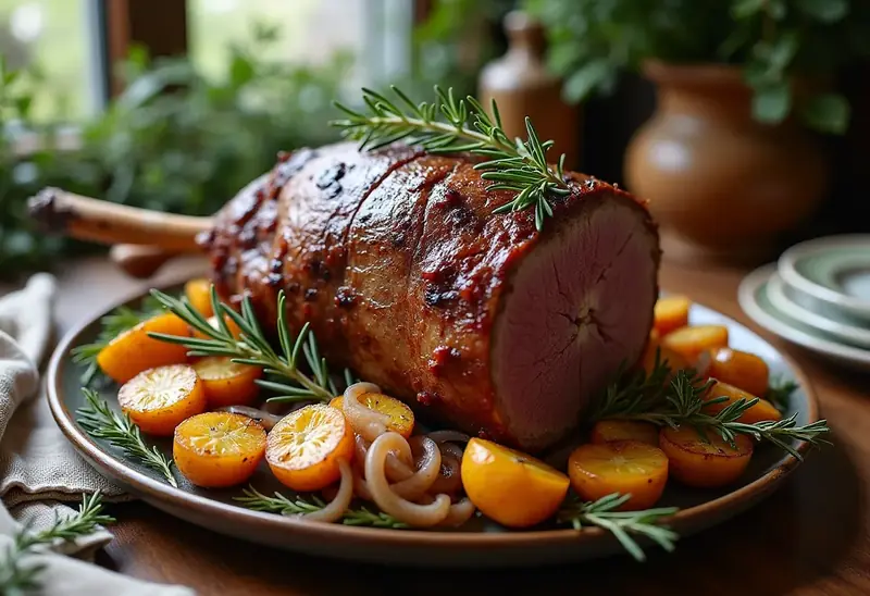Gigot d'agneau rôti aux pommes de terre boulangères fondantes
