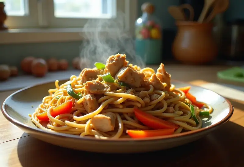 Grillade de Nouilles Sautées aux Légumes et Poulet