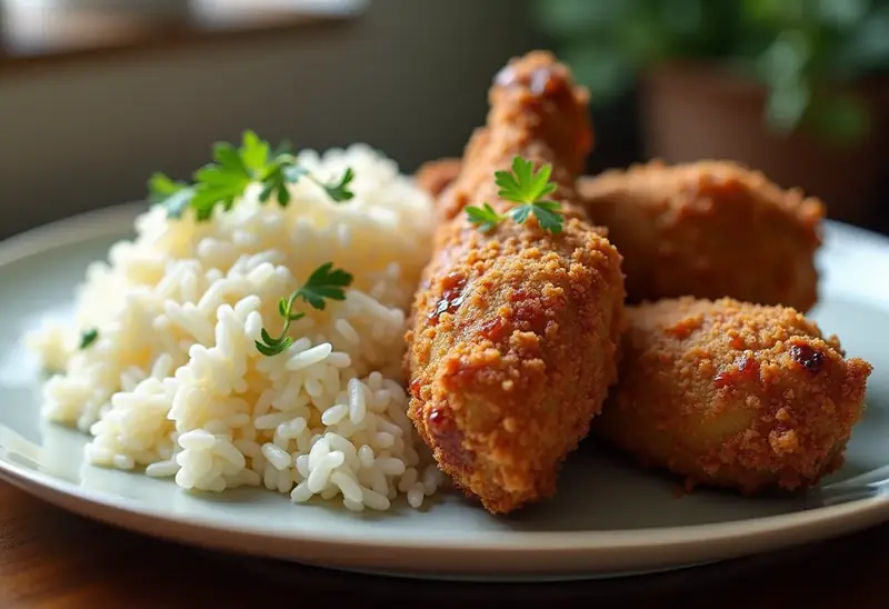Lapin frit croustillant accompagné de riz parfumé