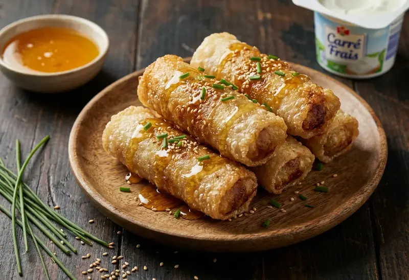 Nems croustillants au Carré Frais, miel et graines de sésame