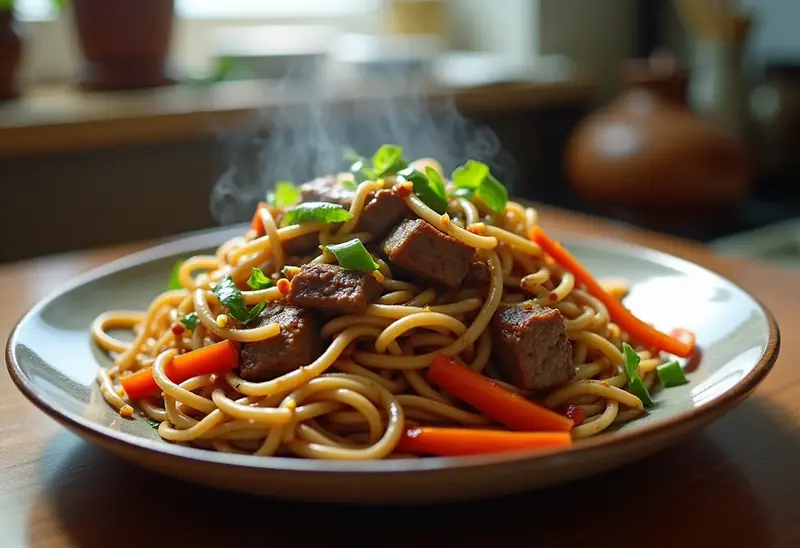 Nouilles chinoises sautées au bœuf et légumes frais