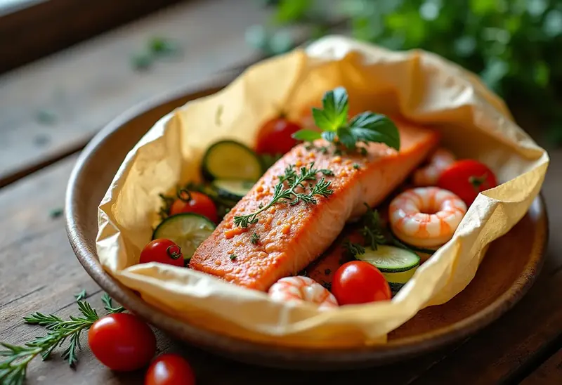 Papillote de saumon et gambas aux saveurs méditerranéennes