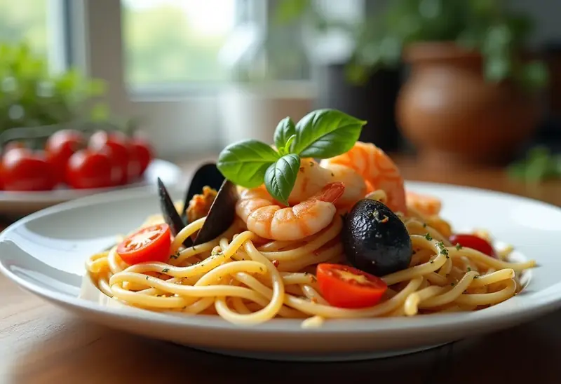 Pâtes aux fruits de mer fraîches et basilic parfumé