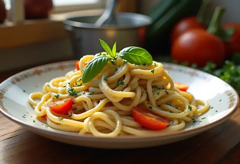 Pâtes crémeuses aux légumes frais et herbes