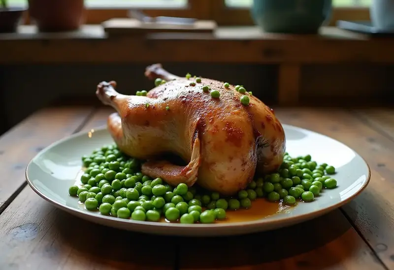 Pintadeau rôti aux petits pois frais et son jus parfumé