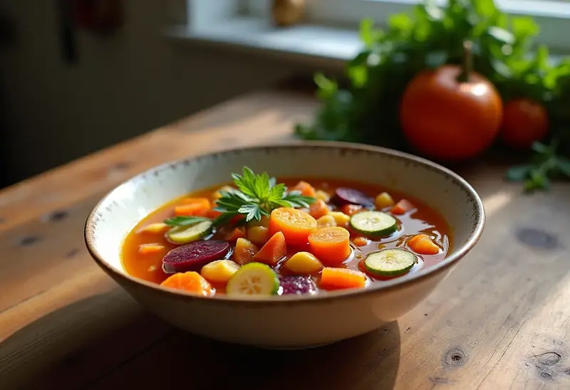 Potage tricolore gourmand aux légumes frais