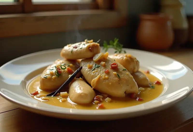Poulet mijoté au vin blanc et vanille Bourbon, recette gourmande
