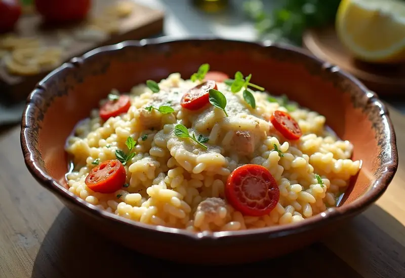 Risotto gourmand au poulet, saucisse et chorizo
