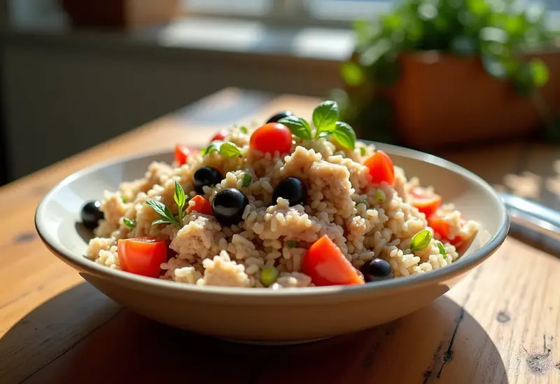 Riz savoureux au thon, tomate, cornichon et olives