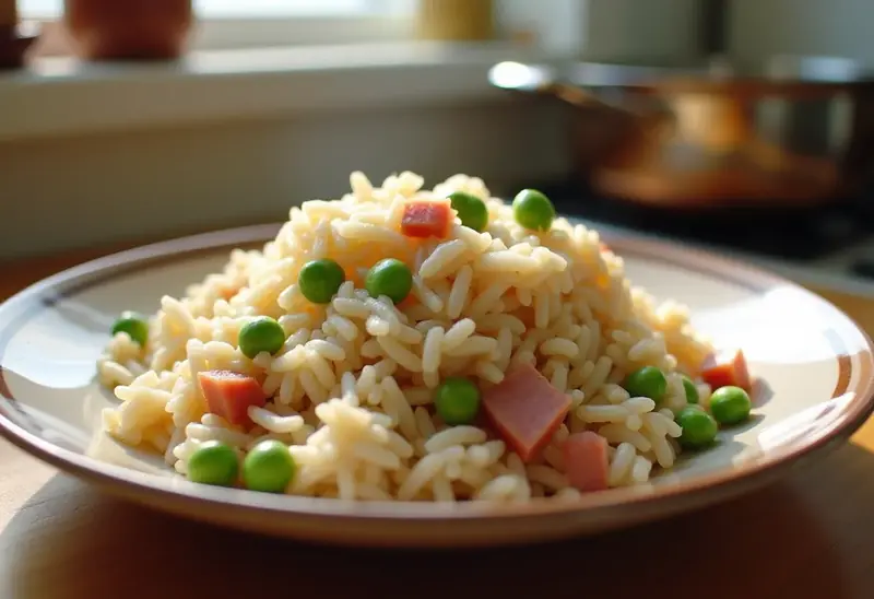 Riz savoureux aux petits pois et jambon : recette facile et rapide