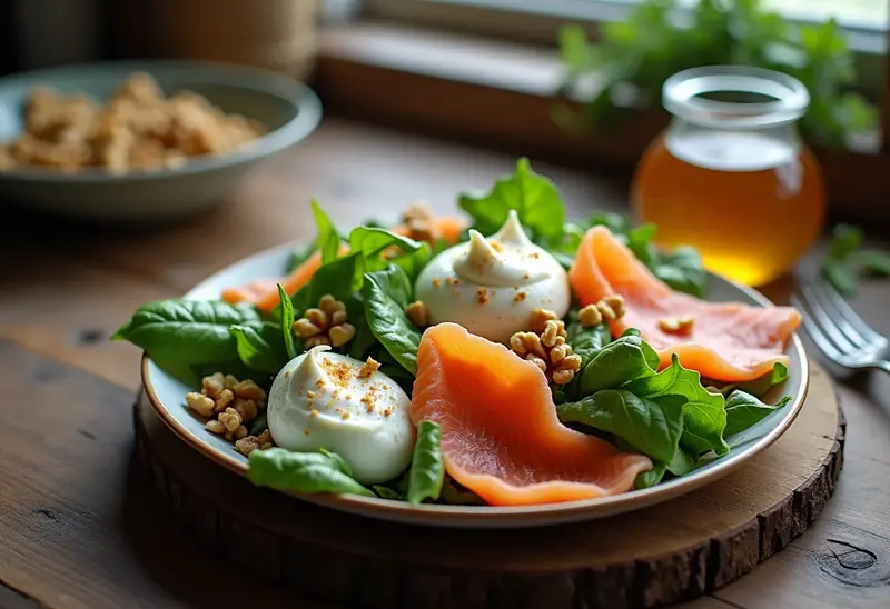 Salade fraîche au fromage frais et saumon fumé aux noix croquantes