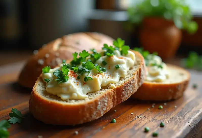 Sandwich gourmand au fromage frais, épices et herbes fraîches
