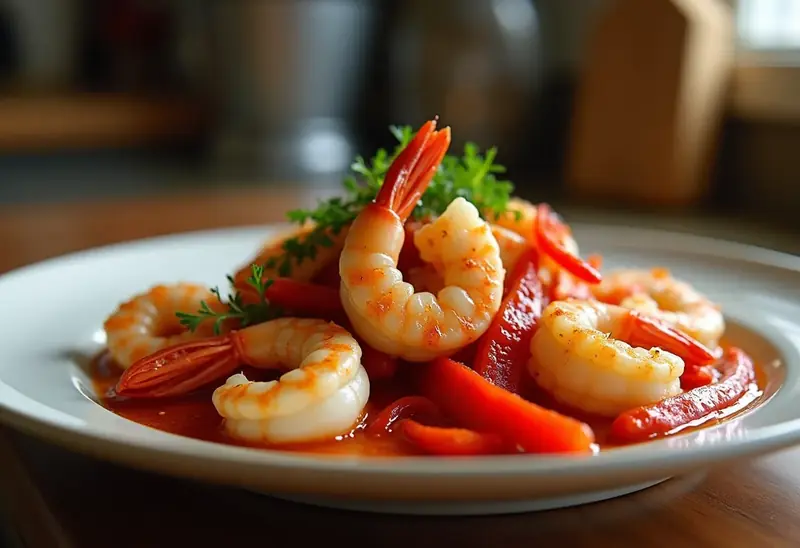 Scampi sautés aux poivrons rouges et sauce au porto