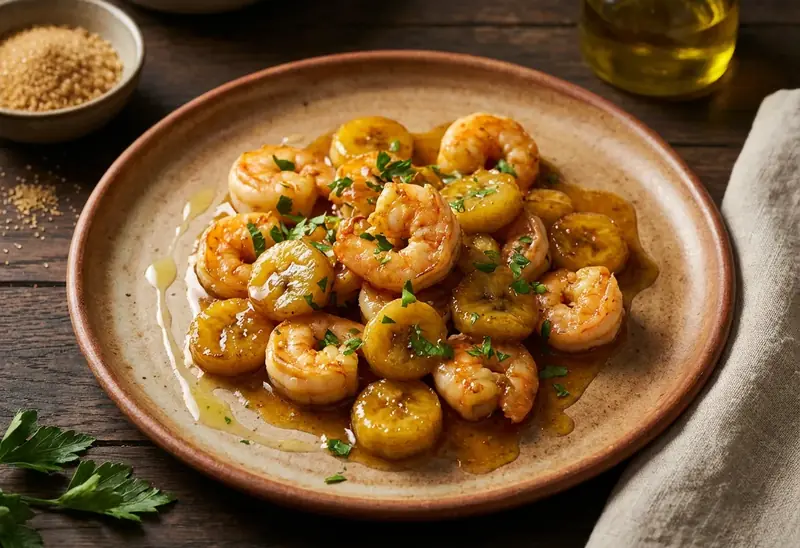Scampis sautés à la banane caramélisée : recette exotique et gourmande