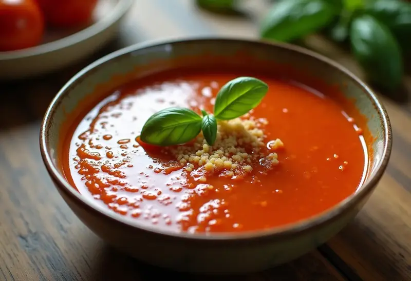 Soupe de tomates maison au pistou frais