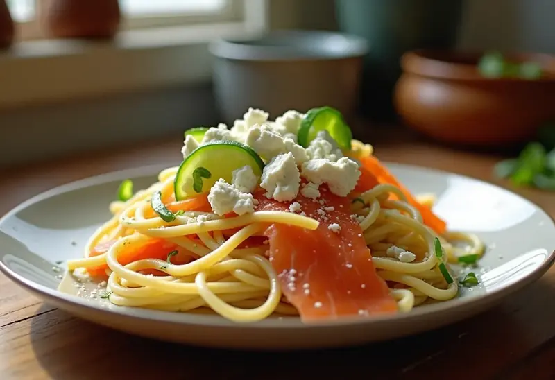 Tagliatelles froides au saumon fumé et à la feta, recette fraîche et gourmande