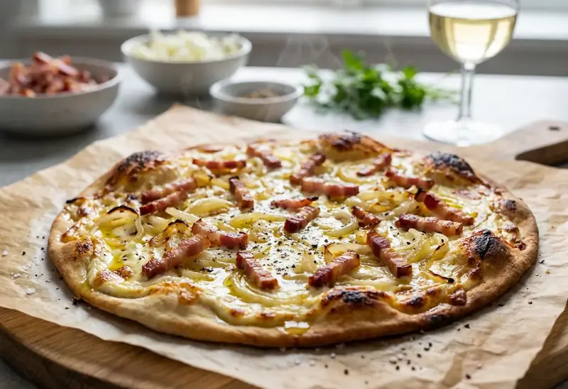 Tarte flambée alsacienne traditionnelle : recette facile et savoureuse