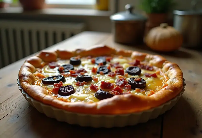Tarte gourmande au chèvre, lard croustillant et pruneaux fondants