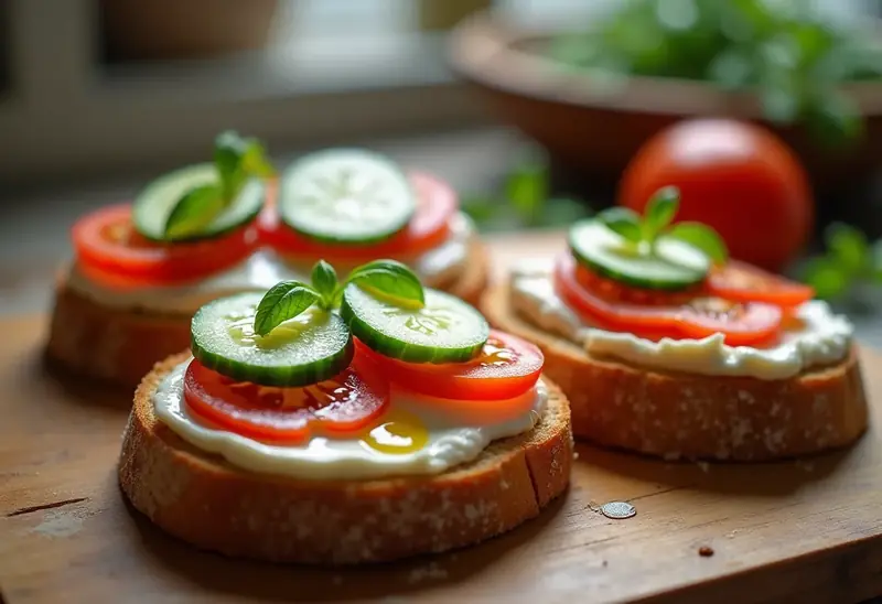 Tartines croustillantes gourmandes au fromage et légumes frais