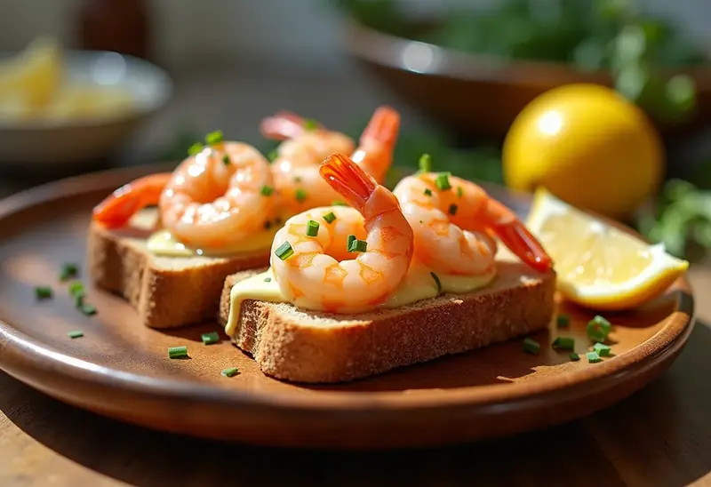 Toast gourmand aux crevettes fraîches et sauce citronnée