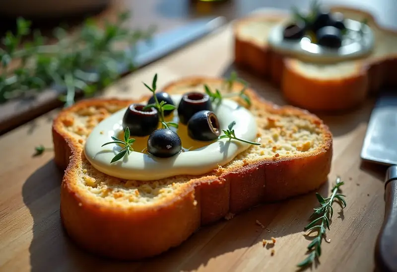 Toasts gourmands aux olives et carré frais