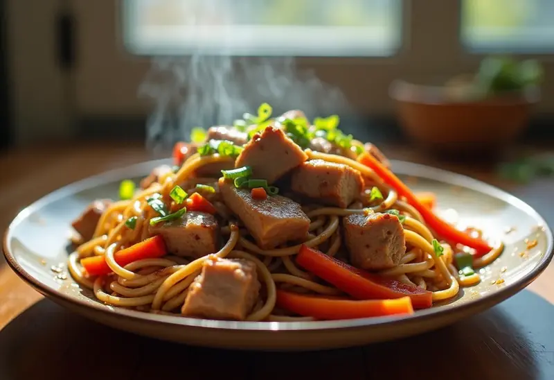 Wok de porc sauté aux nouilles chinoises savoureuses