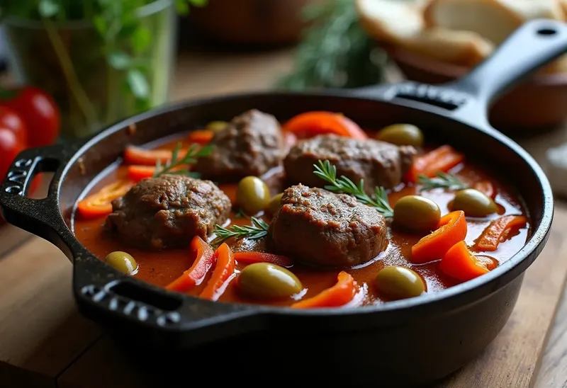 Agneau mijoté aux poivrons et olives en cocotte : recette savoureuse et facile