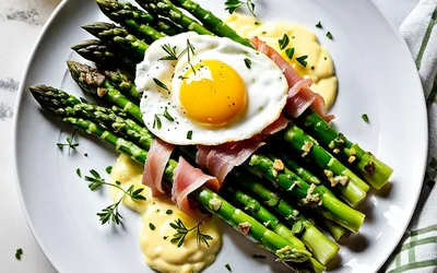 Recette facile d'asperges vertes à la brouillade d'œufs au jambon de Parme